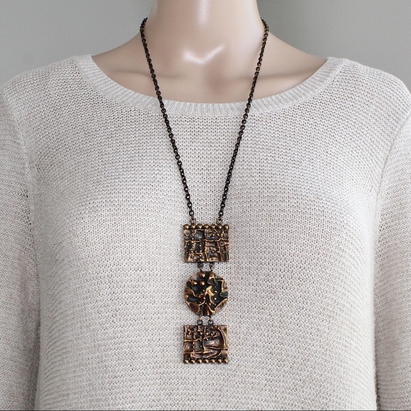 Vintage Brutalist Bronze Pendant Necklace Long Triple Panel Abstract Modernist - Picture 2 of 11